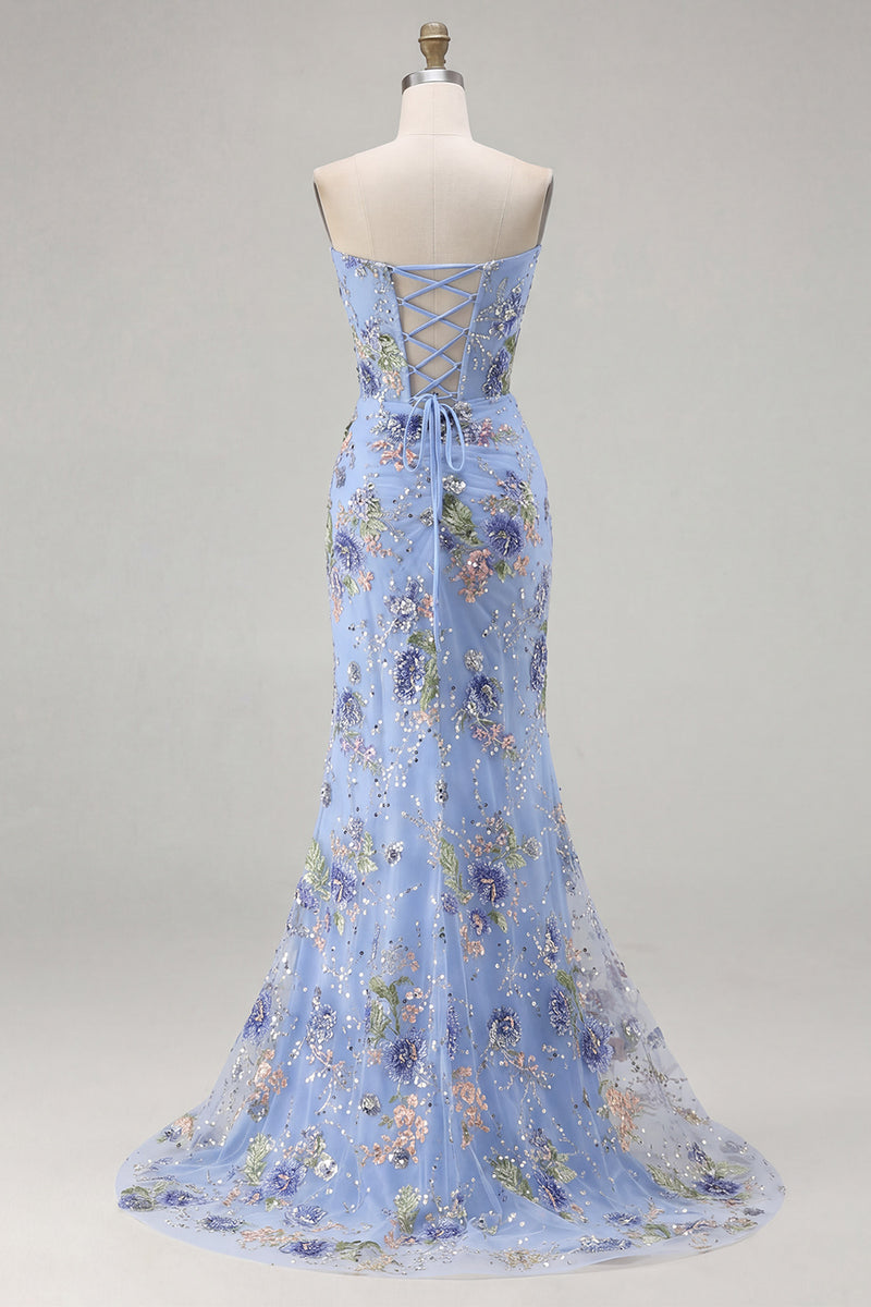 Load image into Gallery viewer, Sparkly Pink Floral Mermaid Corset Long Prom Dress with Slit