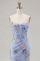 Load image into Gallery viewer, Sparkly Pink Floral Mermaid Corset Long Prom Dress with Slit