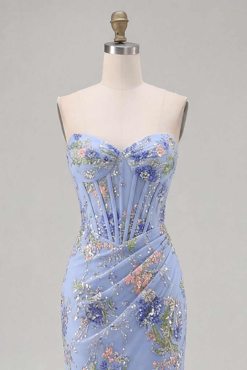 Load image into Gallery viewer, Sparkly Floral Black Mermaid Beaded Corset Long Prom Dress with Slit