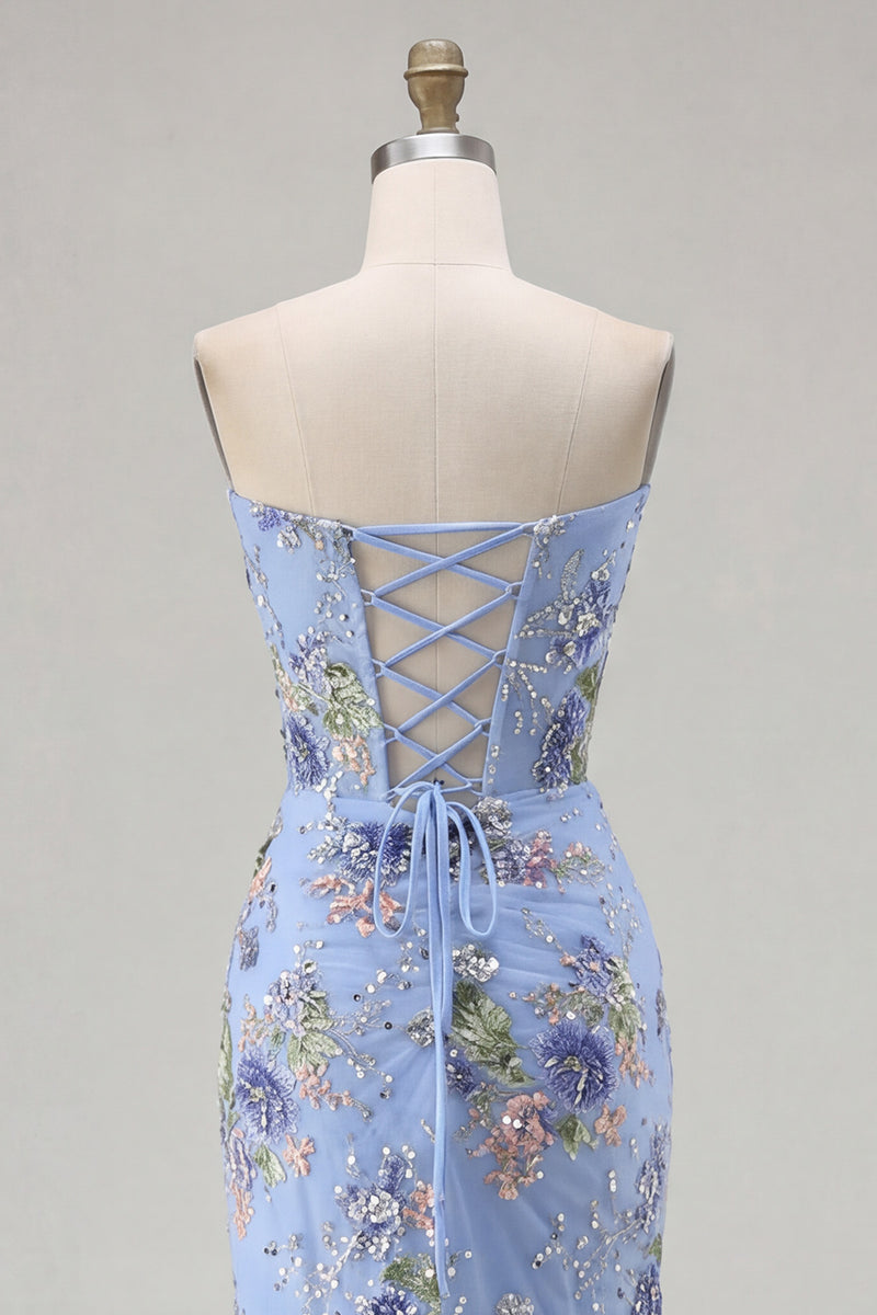 Load image into Gallery viewer, Sparkly Pink Floral Mermaid Corset Long Prom Dress with Slit