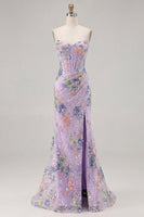 Load image into Gallery viewer, Sparkly Pink Floral Mermaid Corset Long Prom Dress with Slit