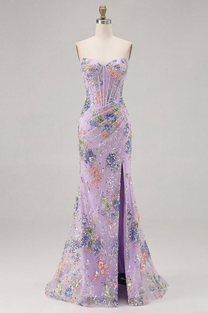 Load image into Gallery viewer, Sparkly Pink Floral Mermaid Corset Long Prom Dress with Slit