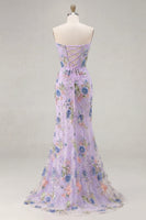 Load image into Gallery viewer, Sparkly Pink Floral Mermaid Corset Long Prom Dress with Slit