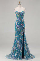 Load image into Gallery viewer, Sparkly Pink Floral Mermaid Corset Long Prom Dress with Slit
