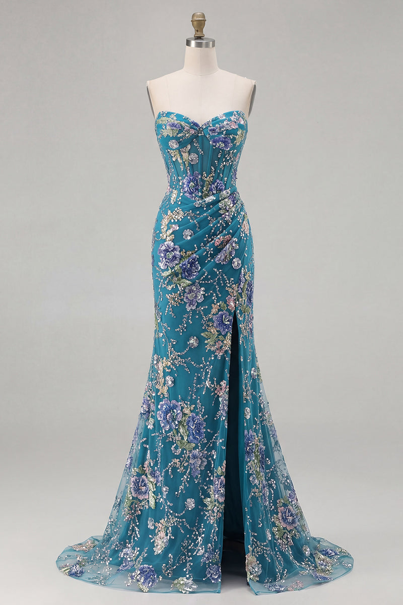 Load image into Gallery viewer, Sparkly Pink Floral Mermaid Corset Long Prom Dress with Slit