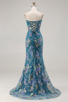 Load image into Gallery viewer, Sparkly Pink Floral Mermaid Corset Long Prom Dress with Slit