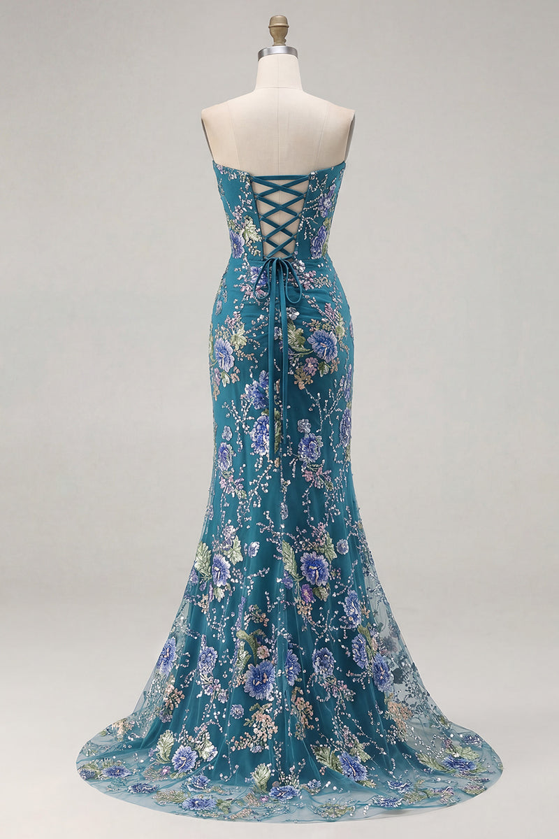 Load image into Gallery viewer, Sparkly Pink Floral Mermaid Corset Long Prom Dress with Slit