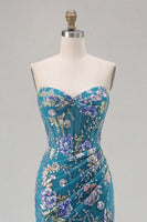 Load image into Gallery viewer, Sparkly Floral Black Mermaid Beaded Corset Long Prom Dress with Slit