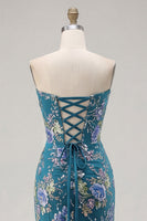 Load image into Gallery viewer, Sparkly Floral Black Mermaid Beaded Corset Long Prom Dress with Slit