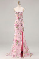 Load image into Gallery viewer, Sparkly Pink Floral Mermaid Corset Long Prom Dress with Slit