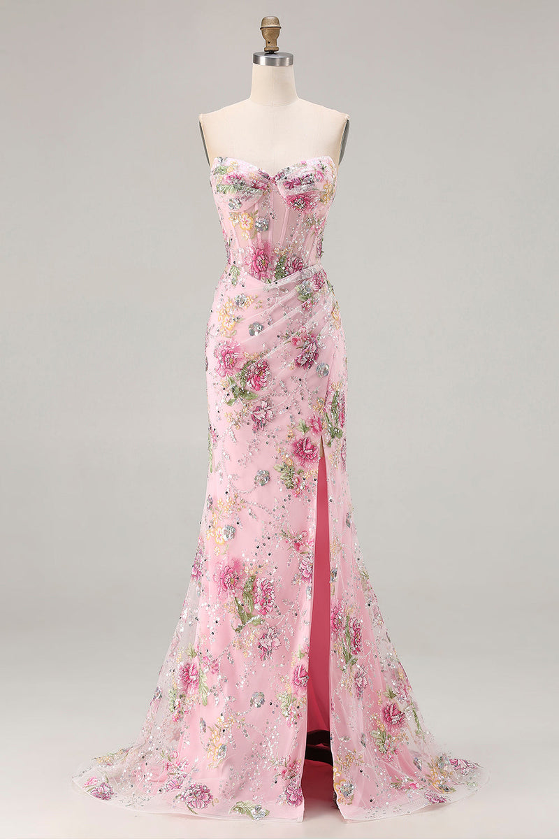 Load image into Gallery viewer, Sparkly Pink Floral Mermaid Corset Long Prom Dress with Slit