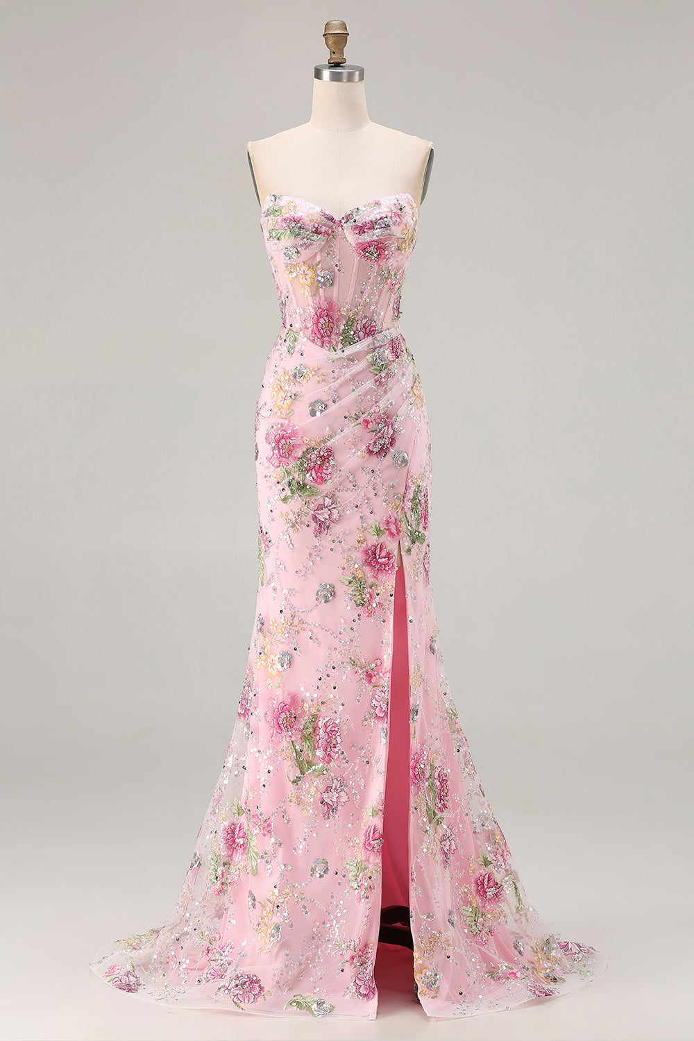 Sparkly Pink Floral Mermaid Corset Long Prom Dress with Slit