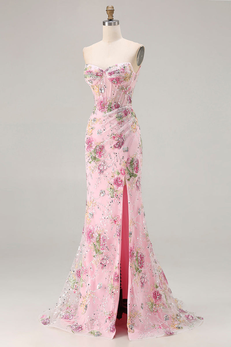 Load image into Gallery viewer, Sparkly Pink Floral Mermaid Corset Long Prom Dress with Slit