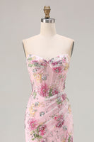 Load image into Gallery viewer, Sparkly Pink Floral Mermaid Corset Long Prom Dress with Slit