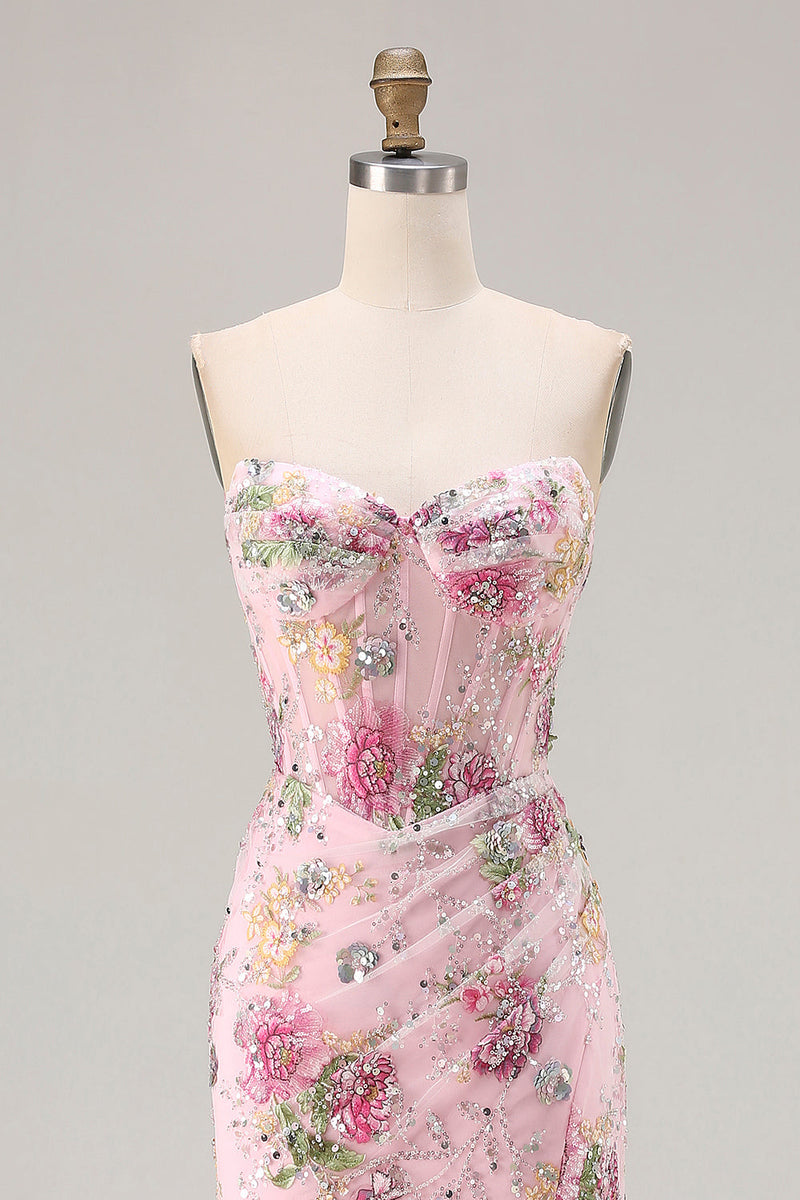 Load image into Gallery viewer, Sparkly Pink Floral Mermaid Corset Long Prom Dress with Slit