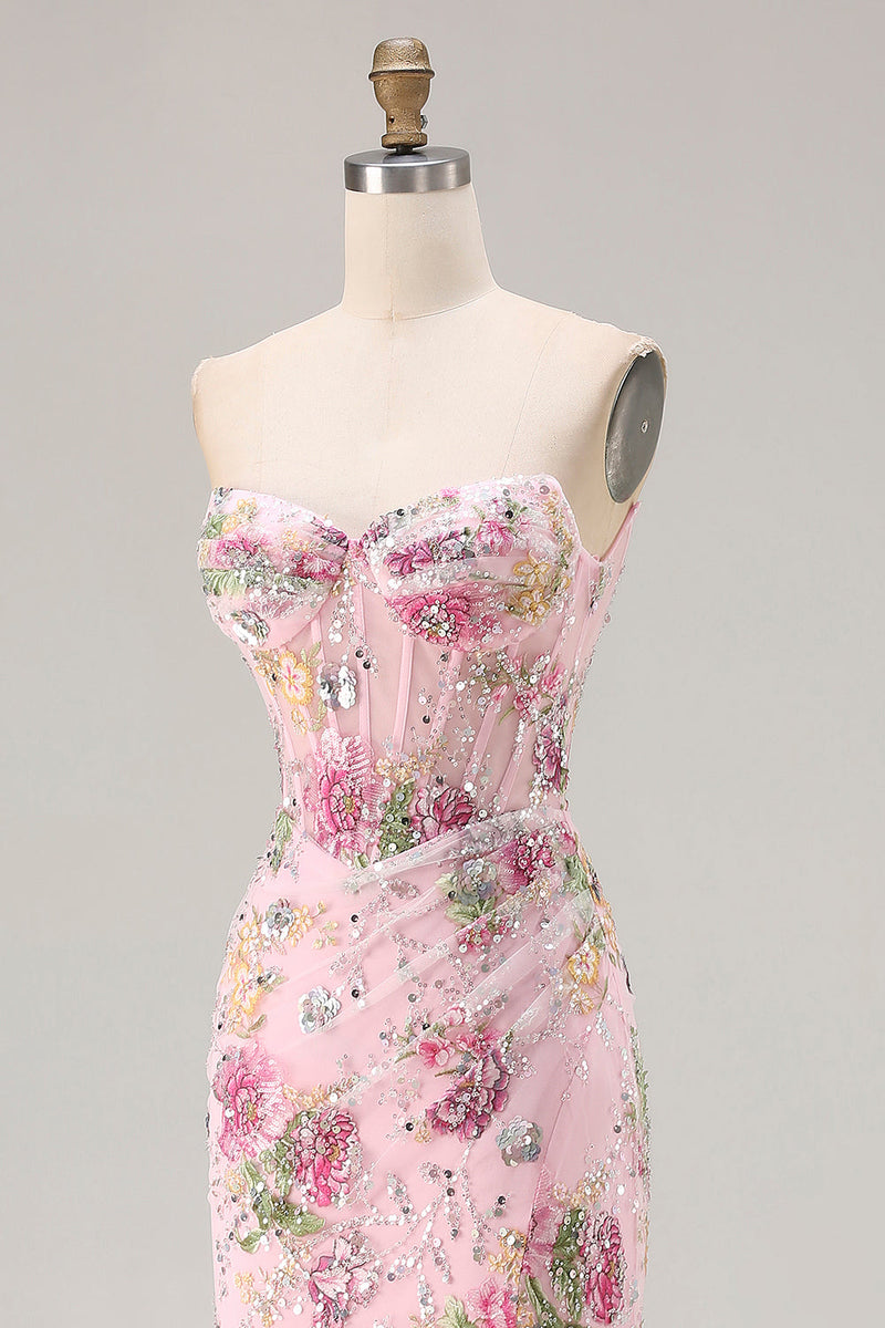 Load image into Gallery viewer, Sparkly Pink Floral Mermaid Corset Long Prom Dress with Slit
