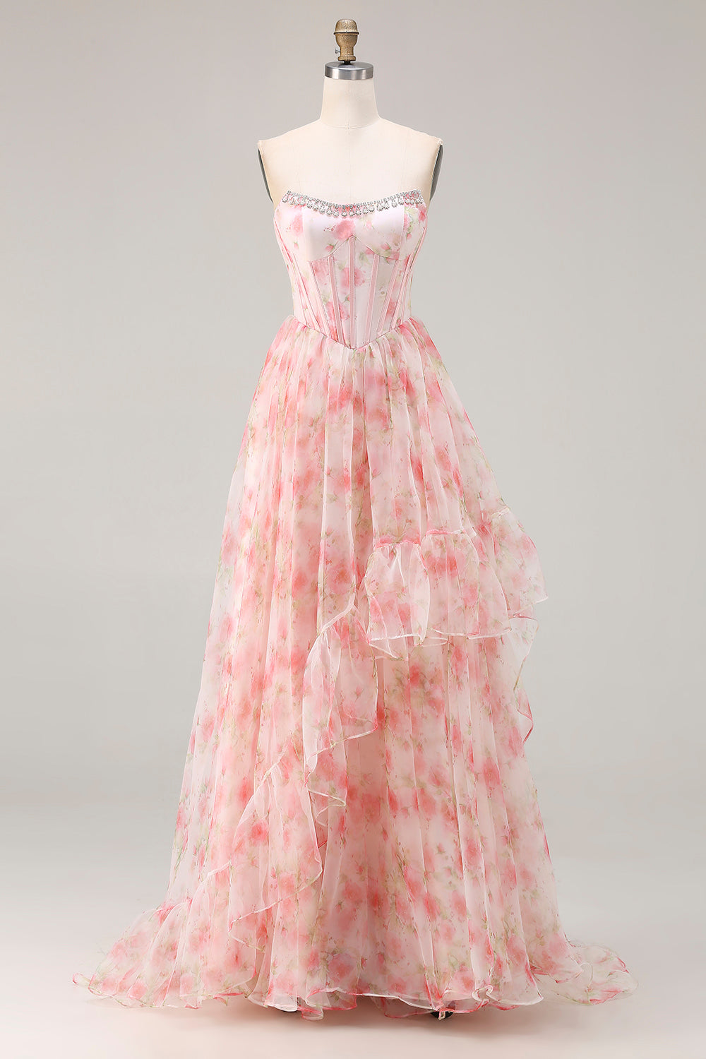 Sparkly Floral Pink Strapless A Line Corset Long Prom Dress with Ruffles