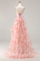Load image into Gallery viewer, Sparkly Floral Pink Strapless A Line Corset Long Prom Dress with Ruffles