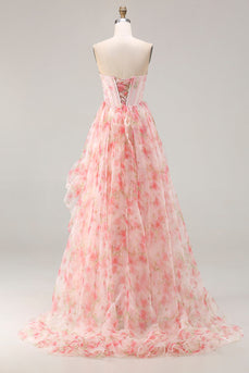 Sparkly Floral Pink Strapless A Line Corset Long Prom Dress with Ruffles