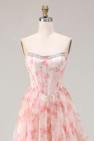 Load image into Gallery viewer, Sparkly Floral Pink Strapless A Line Corset Long Prom Dress with Ruffles