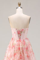 Load image into Gallery viewer, Sparkly Floral Pink Strapless A Line Corset Long Prom Dress with Ruffles