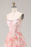 Load image into Gallery viewer, Sparkly Floral Pink Strapless A Line Corset Long Prom Dress with Ruffles