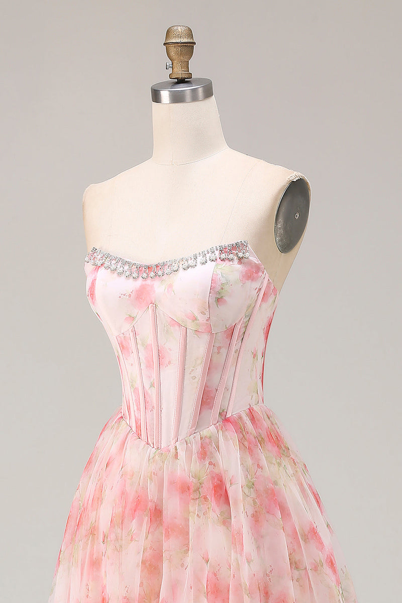 Load image into Gallery viewer, Sparkly Floral Pink Strapless A Line Corset Long Prom Dress with Ruffles