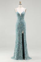 Load image into Gallery viewer, Sparkly Grey Green Floral Mermaid Long Beaded Prom Dress with Slit