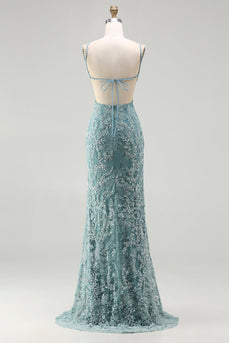 Sparkly Grey Green Floral Mermaid Long Beaded Prom Dress with Slit
