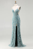 Load image into Gallery viewer, Sparkly Grey Green Floral Mermaid Long Beaded Prom Dress with Slit