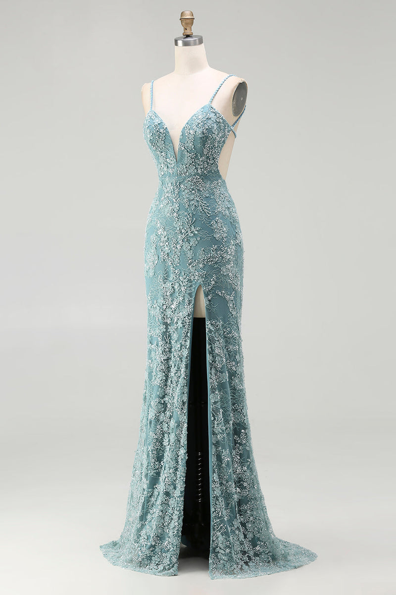 Load image into Gallery viewer, Sparkly Grey Green Floral Mermaid Long Beaded Prom Dress with Slit