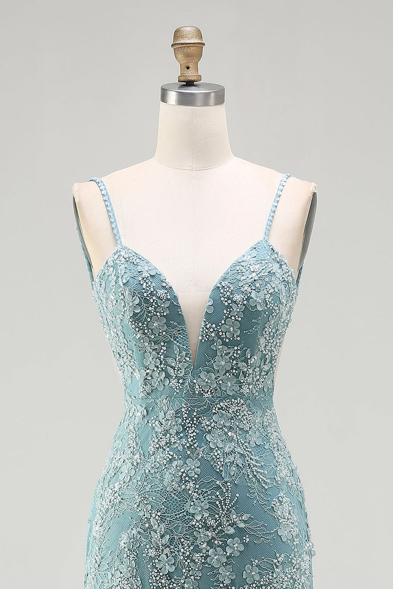 Load image into Gallery viewer, Sparkly Grey Green Floral Mermaid Long Beaded Prom Dress with Slit