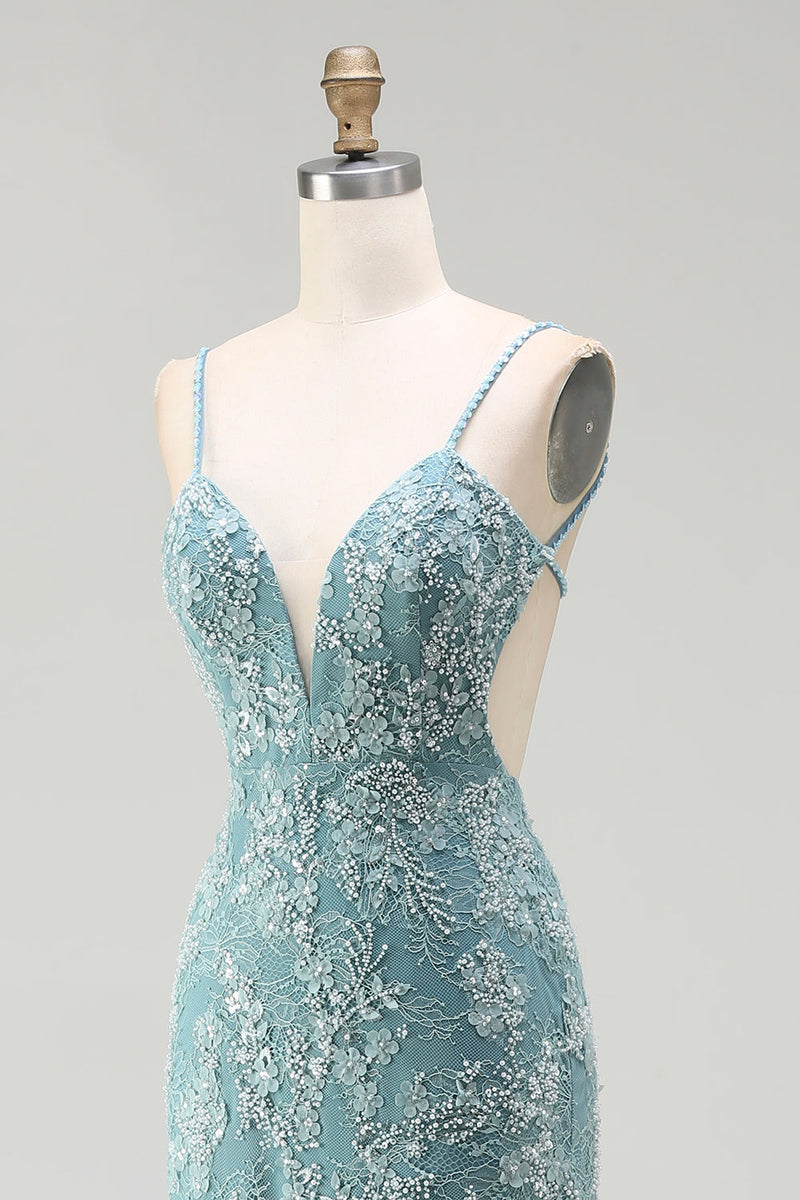 Load image into Gallery viewer, Sparkly Grey Green Floral Mermaid Long Beaded Prom Dress with Slit