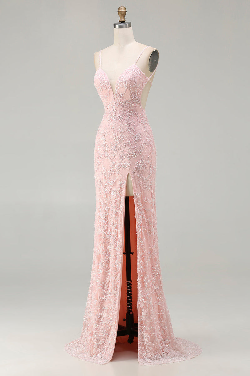 Load image into Gallery viewer, Sparkly Pink Floral Mermaid Beaded Long Prom Dress with Slit