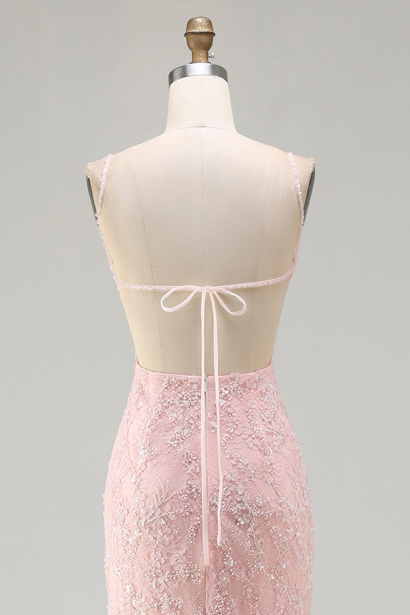 Load image into Gallery viewer, Sparkly Pink Floral Mermaid Beaded Long Prom Dress with Slit