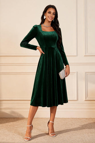 Glitter Dark Green Velvet A Line Midi Holiday Party Dress with Sleeves