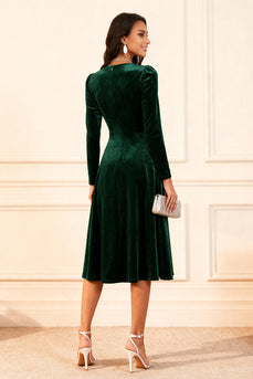 Glitter Dark Green Velvet A Line Midi Holiday Party Dress with Sleeves