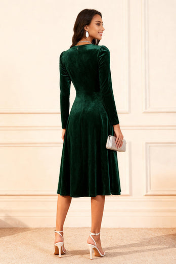 Glitter Dark Green Velvet A Line Midi Holiday Party Dress with Sleeves