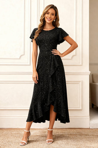Glitter Black Round Neck A Line Long Holiday Party Dress with Sleeves