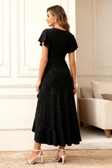 Glitter Black Round Neck A Line Long Holiday Party Dress with Sleeves