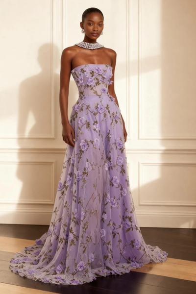 Floral Purple Strapless A Line Long Corset Prom Dress