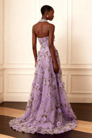 Load image into Gallery viewer, Floral Purple Strapless A Line Long Corset Prom Dress