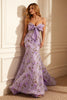 Load image into Gallery viewer, Floral Purple Embroidered Mermaid Long Prom Dress with Bow