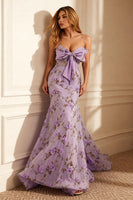 Load image into Gallery viewer, Floral Purple Embroidered Mermaid Long Prom Dress with Bow