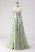 Load image into Gallery viewer, Floral Dusty Tulle Sage Neck Scarf A Line Long Prom Dress with Slit