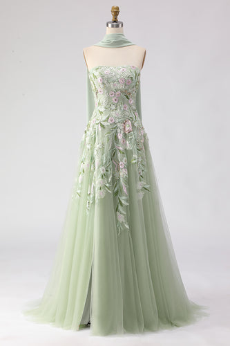 Floral Dusty Tulle Sage Neck Scarf A Line Long Prom Dress with Slit