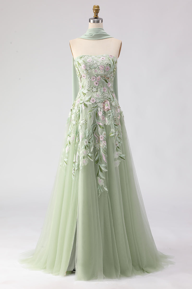 Load image into Gallery viewer, Floral Dusty Tulle Sage Neck Scarf A Line Long Prom Dress with Slit