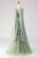 Load image into Gallery viewer, Floral Dusty Tulle Sage Neck Scarf A Line Long Prom Dress with Slit