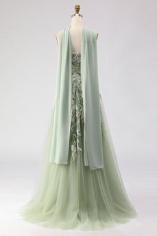Floral Dusty Tulle Sage Neck Scarf A Line Long Prom Dress with Slit
