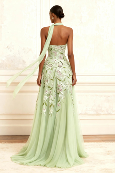 Floral Dusty Sage A Line Tulle Neck Scarf Long Prom Dress with Slit